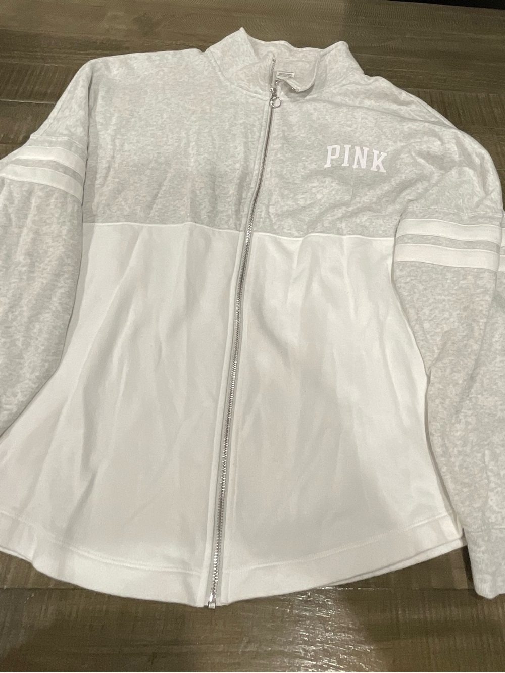 PINK Victoria's Secret White and Light Gray Full-Zip Bomber Jacket